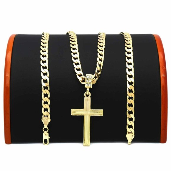 14k Gold Cross Set 24" Cuban Chain + Pendant - Picture 1 of 6